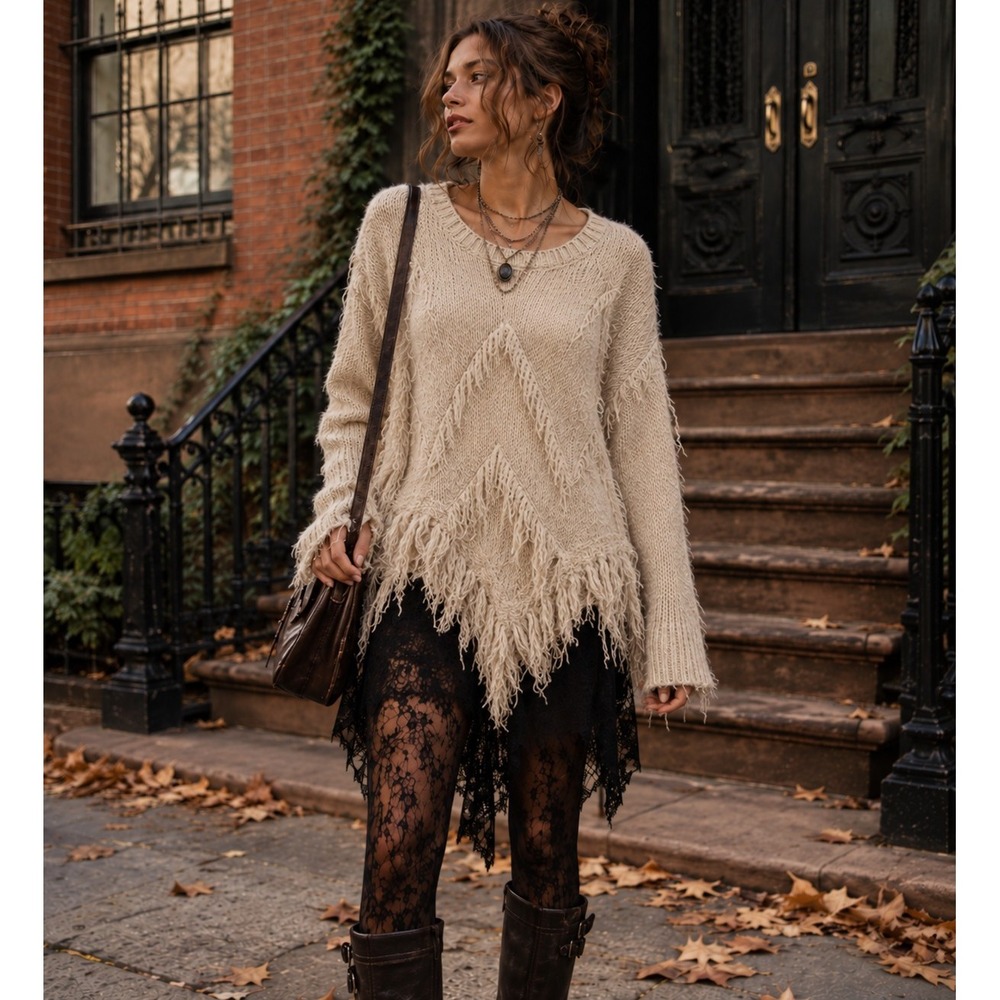 Femme Fatale Cream Fringe Sweater Tunic Boho Fairy Grunge Asymmetrical Hem